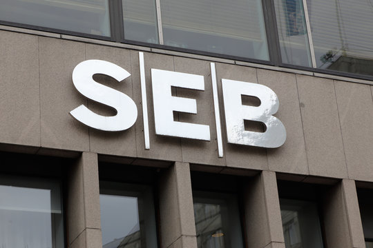 Stockholm, Sweden - September, 25 2016: Close up of the financial group SEB sign at the office located at the street Sveavagen in downtown Stockholm.