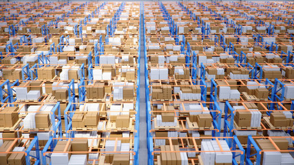Fototapeta premium Warehouse with cardboard boxes inside on pallets racks, logistic center. Huge, large modern warehouse. Warehouse filled with cardboard boxes on shelves, boxes stand on pallets, 3D Illustration