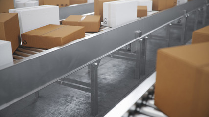 Packages delivery, packaging service and parcels transportation system concept, cardboard boxes on a conveyor belt in a warehouse. Three conveyor belts, 3d illustration
