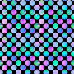 Seamless geometric pattern with colorful watercolor abstract shapes on black background