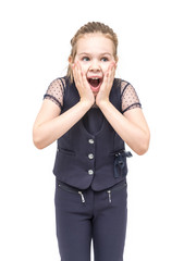 Girl in a blue school uniform posing on a white background