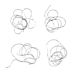 Tread scribble petals, flowers, spots, nest, clouds. Set of tangled threads. Black line abstract scrawl sketch. Vector illustration of chaotic doodle shapes. EPS 10.