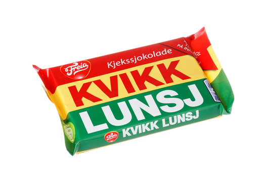 Stockholm, Sweden - November 17, 2016: One package of Freia Kvikk lunsj (Quick lunch)  composed of wafer covered with milk chocolate, isolated on white background.