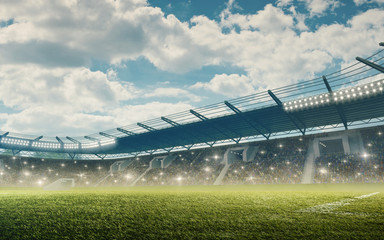Soccer stadium with green grass, blue sky, tribunes and fans cheering
