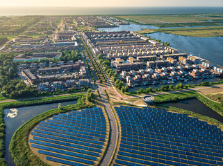 Aerial shot of a modern sustainable neighbourhood in Almere, The Netherlands