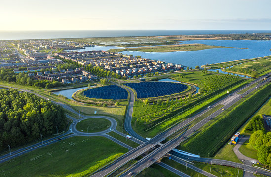 Aerial shot of a modern sustainable neighbourhood in Almere, The Netherlands