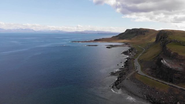 An Corran Beach, Staffin Bay, Isle Of Skye, Scotland Highlands Aerial 4K