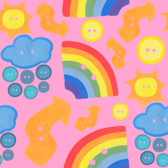 Seamless pattern with multi-colored sewing buttons on a pink background. Various elements: rainbow, sun, cloud, lightning. Perfect for projects: wallpapers, needlework stores, fabric, textile.