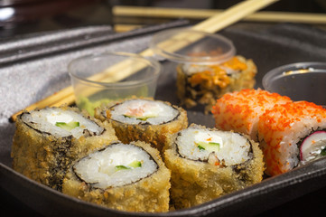 Sushi rolls traditional Japanese cuisine dish made from rice with seafood
