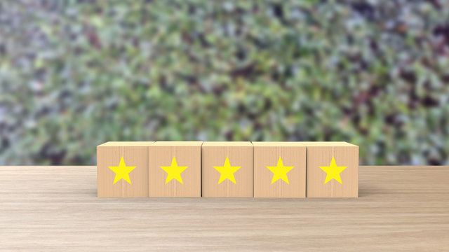 Wooden Cube Five Yellow Gold Star Review On Blur Leaves Background. Service Rating, Satisfaction Concept. Reviews And Comments Google Maps, Tripadvisor, Facebook. Online Evaluations.	