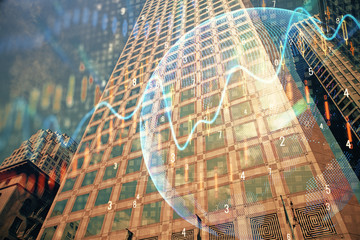 Forex chart on cityscape with tall buildings background multi exposure. Financial research concept.