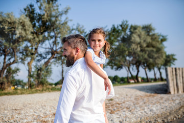 Fototapeta premium Mature father carrying small daughter on a holiday by the lake, walking.