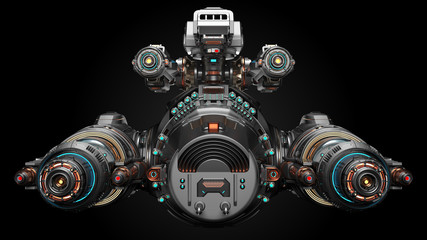 Futuristic gunship or very detailed flying military machine with heavy wepons. Front view isolated on black background. 3D illustration