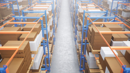 Warehouse with cardboard boxes inside on pallets racks, logistic center. Huge, large modern warehouse. Warehouse filled with cardboard boxes on shelves, boxes stand on pallets, 3D Illustration