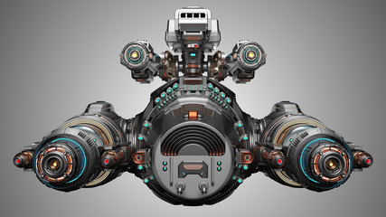 Futuristic gunship or very detailed flying military machine with heavy wepons. Front view isolated on gray background. 3D illustration