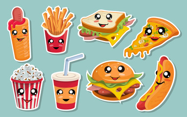 Vector Set Of Cute kawaii fast food. Kawaii faces. Cartoon fast food. Kawaii eyes. Cute Junk food Fast food Cartoon Set Vector Illustration Cartoon. Vector graphics to design.