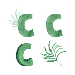 Watercolor alphabet letter C. Hand drawn green letter isolated on white. Perfect for print, poster and logo