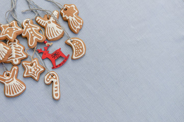 Christmas cookies ginger bread over blue background