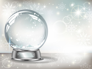 Greeting card with vector realistic transparent silver  snow globe  with snow and christmas tree  on a light abstract background