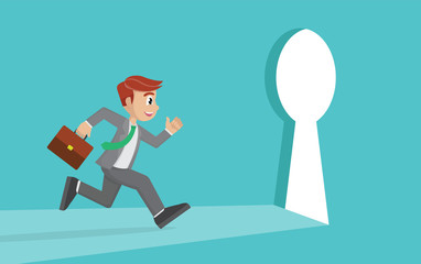 Business Man Running In Key Hole Light To Future.