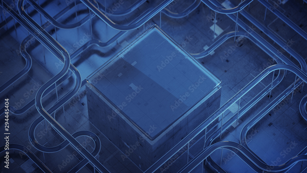 Poster blue cube and netowrk of specular tubes 3d render