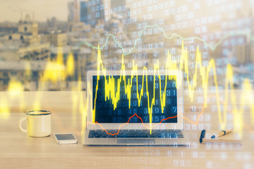 Financial market graph hologram and personal computer on background. Multi exposure. Concept of...
