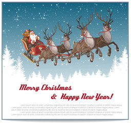 Christmas background with Santa driving his sleigh on winter night and copy-space for your text