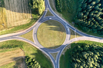 Roundabout, aerial view. Road infrastructure.