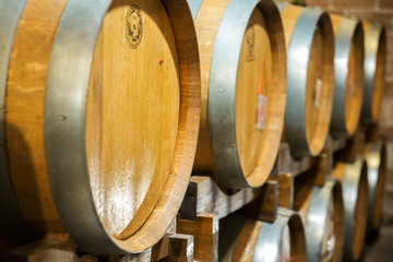 Series of barrels preserved in an Italian cellar for wine fermentation.