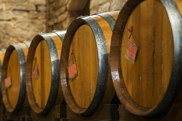 Series of barrels preserved in an Italian cellar for wine fermentation.