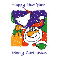 Vector cartoon illustration of a cute smiling Santa Claus standing with a bag of gifts. Snowman is skating. Text Merry Christmas and Happy New Year.