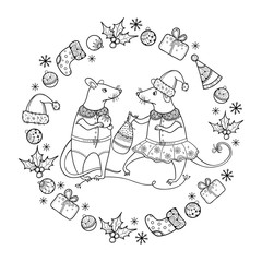 Greeting card with outline happy rats with Christmas bag in black isolated.