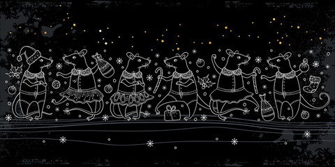 Horizontal border with outline white cute rat and winter decoration on the black background.
