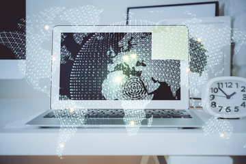 Multi exposure of business theme icons and table with computer background. Concept of success.