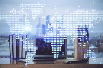 Obraz premium Multi exposure of business theme icons and table with computer background. Concept of success.