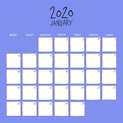 January 2020 wall calendar. Colorful sketch square template.