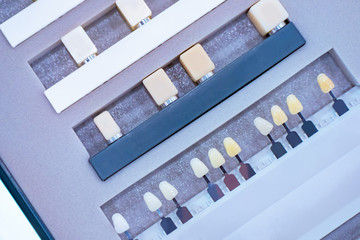 Tooth veneers. Manufactureof dental veneers. Set of colors of dental implants. Color palette for the selection of shades of veneers. The definition of the color of human teeth. Dental laboratory.