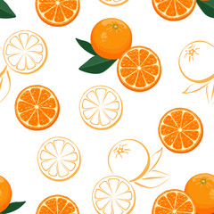 Oranges fruits seamless pattern on a white background. Vector illustration of citrus fruits green leaves in cartoon simple flat style. 