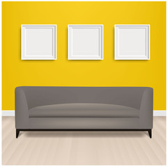 Grey Sofa Bed With And Picture Frame And Yellow Background
