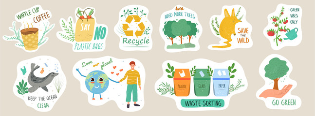 Set of ecology stickers with slogans. Bundle of decorative design elements. Flat cartoon vector illustration