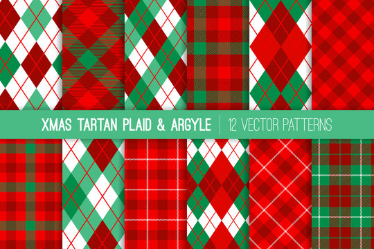 Christmas Tartan Plaid and Argyle Seamless Vector Patterns in Red, Mint and Green. Traditional Winter Holiday Backgrounds. Preppy Textile Fabric Textures. Vector Pattern Tile Swatches Included.