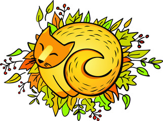 Cute cat asleep on autumn leaves on while background. Autumn animal. Vector illustration. Perfect for postcard, greeting card, print.