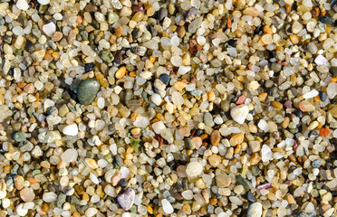 Pebble beach. Small colored sea stones close-up. Multicolor seabed. Selective focus image, copy space. Sea beach backdrop. Summer holiday concept.