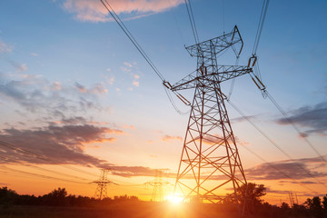 Electrical substation silhouette on the dramatic sunset background