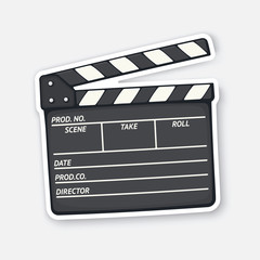 Vector illustration. Open clapperboard used in cinema when shooting a film. Movie industry. Sticker with contour. Black clapper board. Isolated on white background - obrazy, fototapety, plakaty