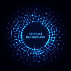 Abstract stipple background. Blue luminous circles. Azure glowing circle. Indigo light ring. Ultramarine sparking particles. Colorful ellipse. Bright border.