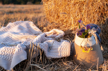 Soft-pink plaid and around big basket with flowers inside near the haystack on sunset