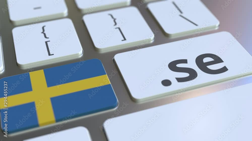 Poster swedish domain .se and flag of sweden on the buttons on the computer keyboard. national internet rel