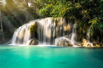 Erawan waterfall, the most beautiful waterfall in Thailand And is popular with tourists In Chang Chai, Kanchanaburi, Thailand