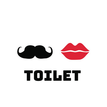 Mustache and red lips Toilet Sign vector illustration. Simply flat design for logo, objects and icons. Restroom for Male, Female, Ladies, Gentlemens. 